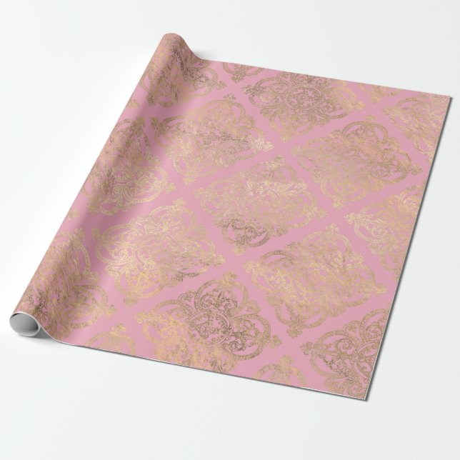 Papel De Presente Rosa e Dourado Paris Foil Damask (Desenrolado)