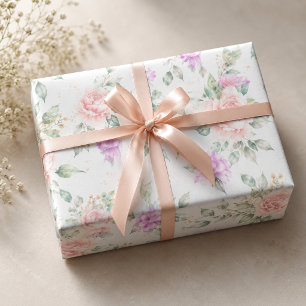 Papel De Presente Rosa e Peônia Floral Rosa Suave em Aquarela