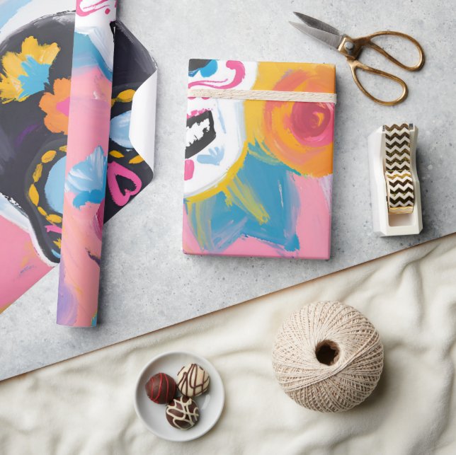 Papel De Presente Rosa e preto Floral Dia de Muertos (Artesanato)