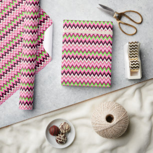 Papel De Presente Rosa e Verde Chevron Zig Zag Preppy