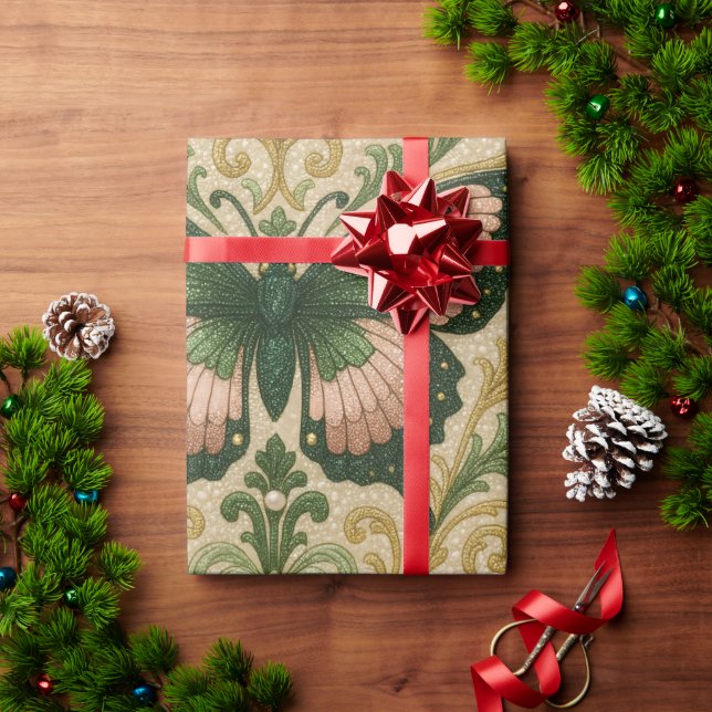Papel de Presente Rosa e Verde Estampa de Borbolet (Presente de Natal)