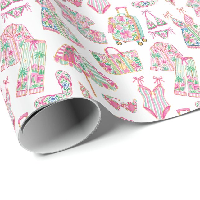 Papel De Presente Rosa e Verde Préppy Elegância de Palm Beach (Ponta do rolo)