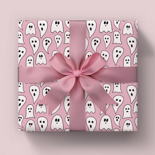 Papel De Presente Rosa Fantasma Halloween (Pink ghost Halloween wrapping Paper)