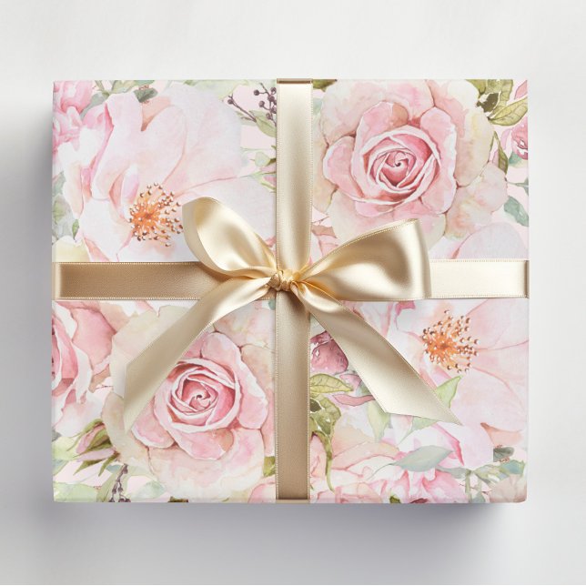 Papel De Presente Rosa Flor Floral de Aquarela Rosa Bege  (In situ)