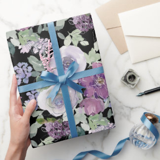Papel De Presente Rosa Floral Branco Roxo Fundo Preto