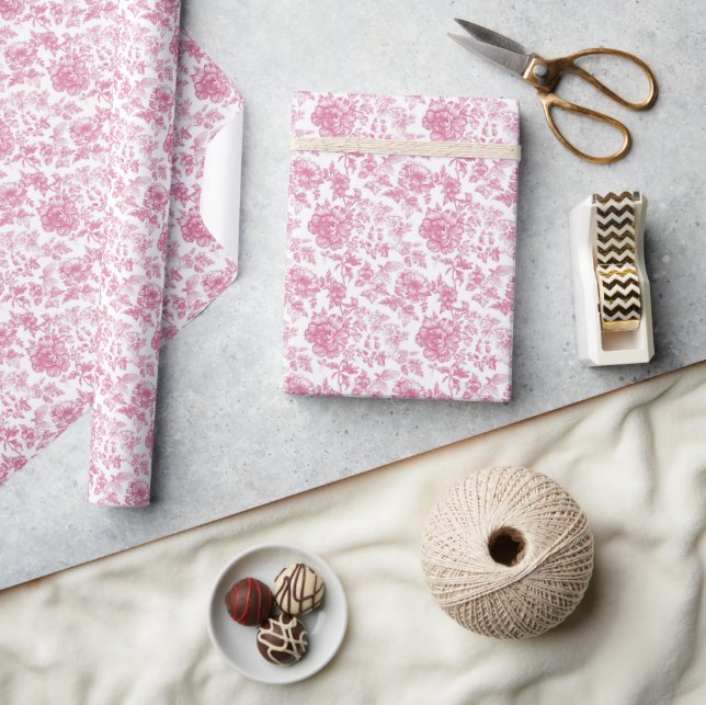 Papel De Presente Rosa Floral Cor-de-Rosa Estilo Vintage Cottagecore (Artesanato)