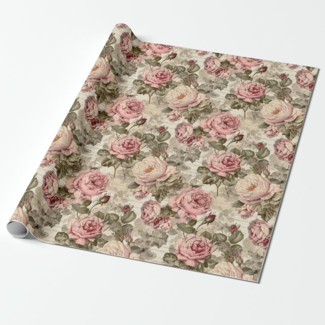 Papel De Presente Rosa Floral de Ephemera vitoriana (Desenrolado)