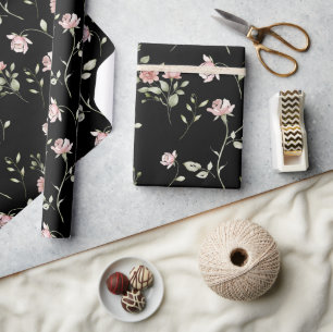 Papel De Presente Rosa Flores Água-tinta Preto