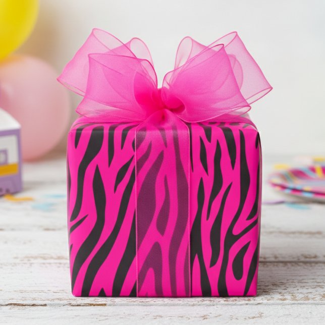 Papel De Presente Rosa Fluorescente Pequena Estampa de Zebra (Fun Fluorescent Pink Wrapping Paper for Cool 80's Kids Party. Modern Zebra Animal Print Gift Wrap)