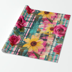 Papel De Presente Rosa Girassol Xadrez em Rosa e Verde Água