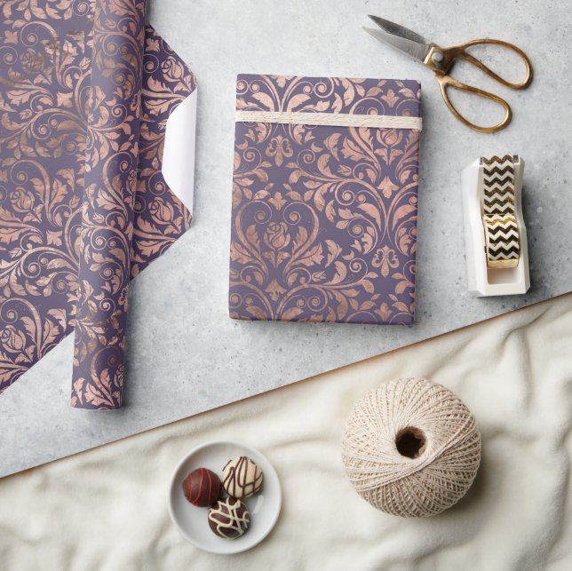 Papel De Presente Rosa Glamouroso Dourado em Folha e Damasco Lavanda (Artesanato)