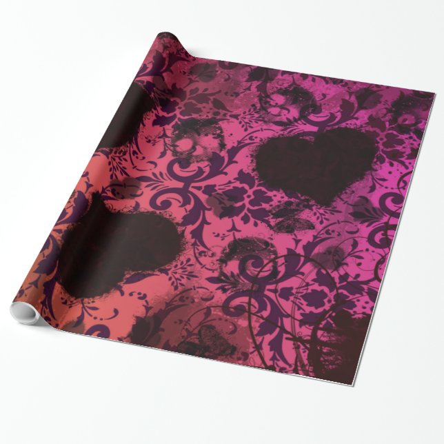 Papel De Presente Rosa Laranja Grunge Damask Dia dos Namorados (Desenrolado)