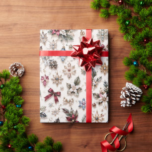 Papel De Presente Rosa Marfim Borgonha Floral de Inverno