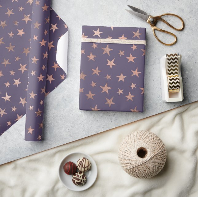 Papel De Presente Rosa Ouro Glamouroso com Estrelas Lavanda (Artesanato)