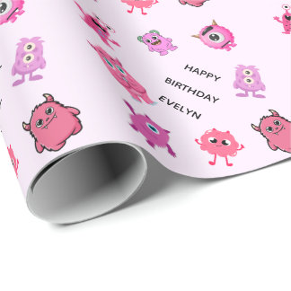Papel De Presente Rosa Personalizado Menina Monstro Fofo