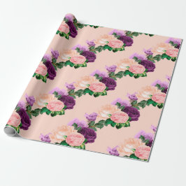 Papel De Presente Rosa Pêssego e Floral Roxo Lavanda