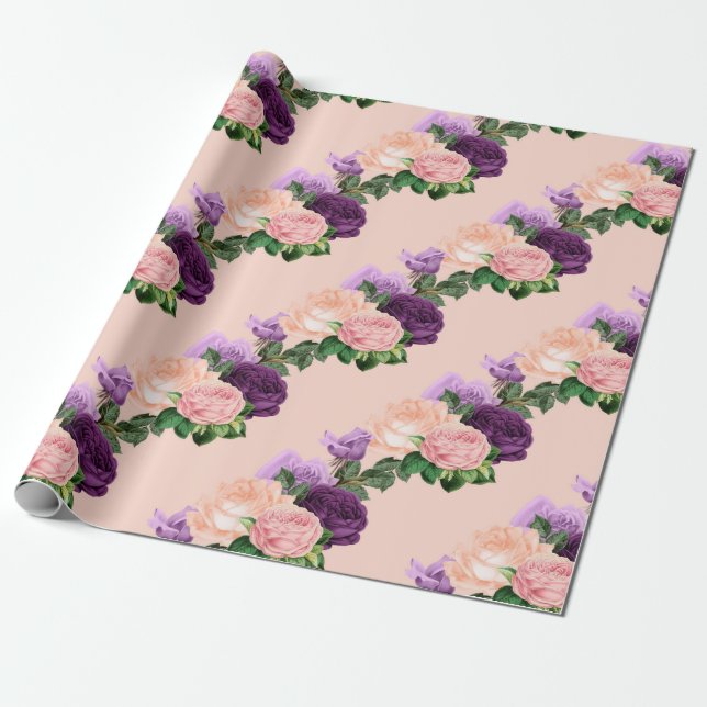 Papel De Presente Rosa Pêssego e Floral Roxo Lavanda (Desenrolado)