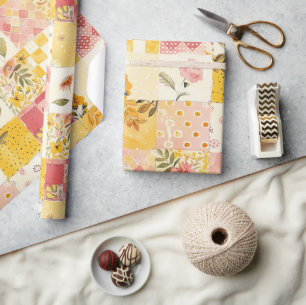 Papel De Presente Rosa Quente Amarelo Xadrez Floral Cottagecore