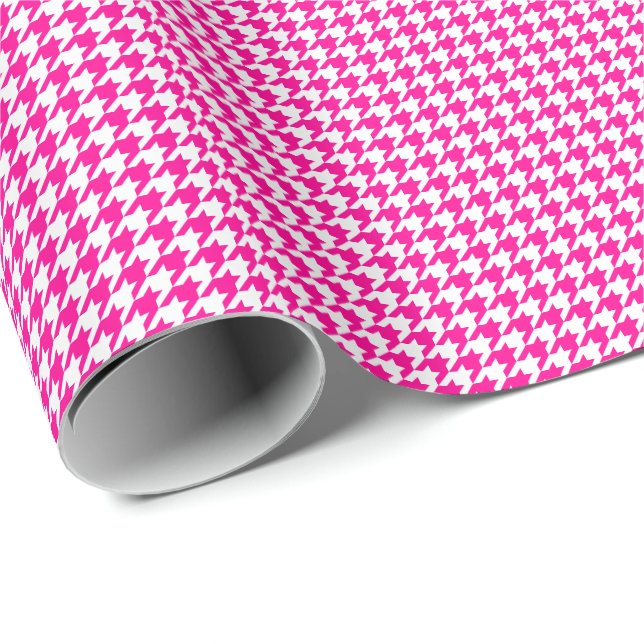 Papel De Presente Rosa quente e branco pequenos Houndstooth (Ponta do rolo)