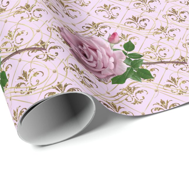 Papel De Presente Rosa Romântico em Dourado (Ponta do rolo)