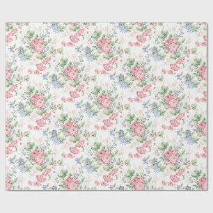Papel De Presente Rosa Rosa Chintz, Flores Azuis em Branco