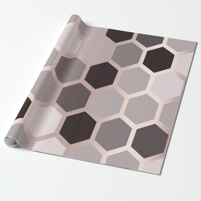 Papel De Presente Rosa Rosa, Dourada Geometria Honeycomb Hexágono (Desenrolado)