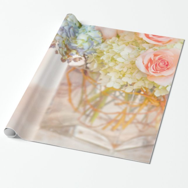 Papel De Presente Rosa Rosa Rosa Azul Hidrangea Buquê Rosa Vase Flor (Desenrolado)