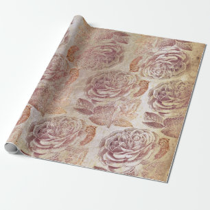 Papel De Presente Rosa Rosa Rosa Cor-de-rosa Dourada Floral Metálico