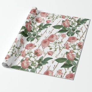 Papel De Presente Rosa Rosa Vintage Francês Script Texto Dourado