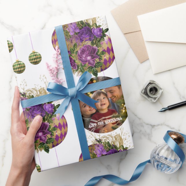 Papel De Presente Rosa Roxo Elegante e Foto de Natal Bauble (Presentear)