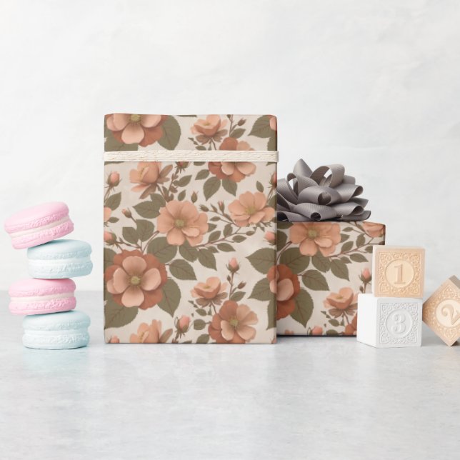 Papel De Presente Rosa Selvagem Floresce Em Tons Terrosos De Terraco (Chá de bebê)
