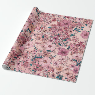 Papel De Presente Rosa Suave Flor Ditsy Pastel Boho Vintage 70s