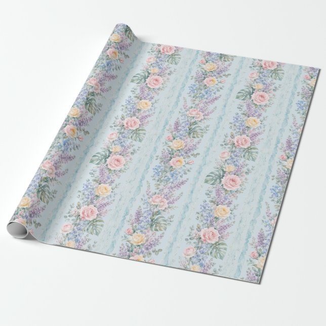 Papel De Presente Rosa Tropical Azul Listra Floral Presente (Desenrolado)