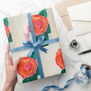 Papel De Presente Rosa Vermelha com Folhas Verdes
