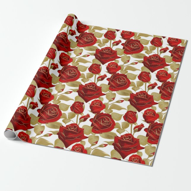 Papel De Presente Rosa Vermelha E Dourado (Desenrolado)