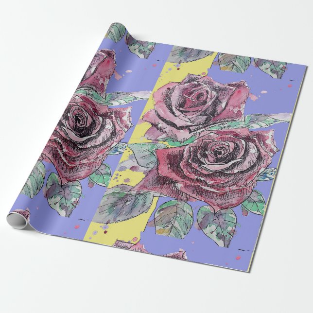 Papel De Presente Rosa vermelha Roxo Flores de primavera Aquarela (Desenrolado)