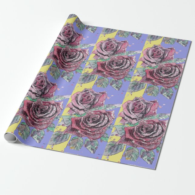 Papel De Presente Rosa vermelha Roxo Flores de primavera Aquarela (Desenrolado)