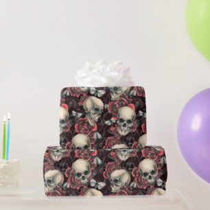 Papel De Presente Rosa vermelha & Skulls Spooky Halloween Patterno