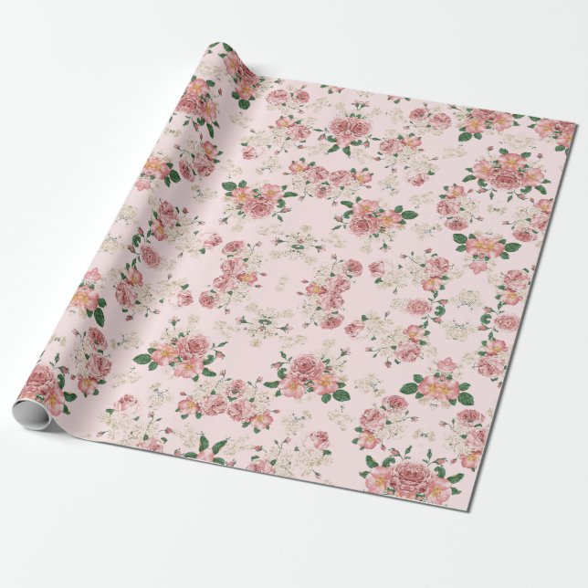 Papel De Presente Rosa Vintage Floral (Desenrolado)