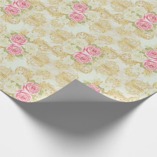 Papel De Presente Rosa Vintage Romântica e Damasco Dourado