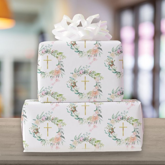 Papel De Presente Rosário Floral Cruz Cristã Dourada  (Garland Christian Gold Cross Roses Floral Wrapping Paper)