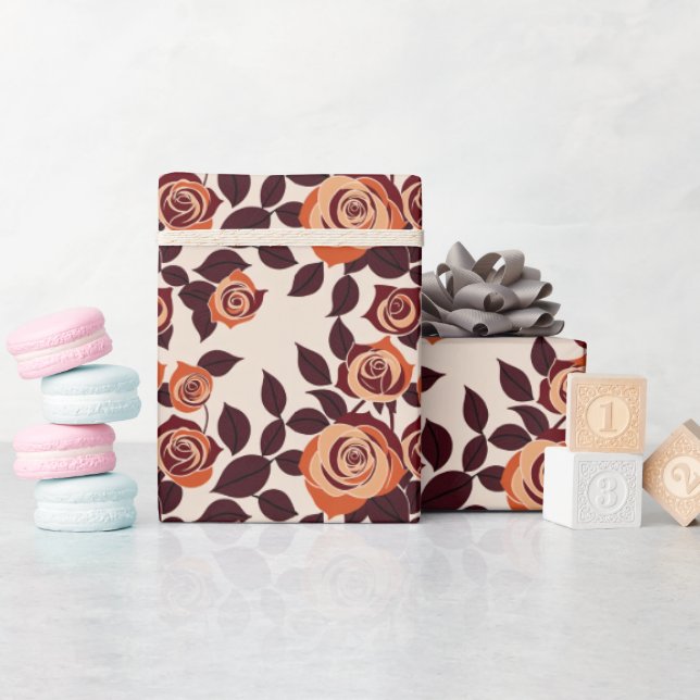 Papel De Presente Rosas Altamente Estilizadas em Tons de Laranja (Chá de bebê)