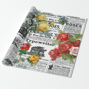 Papel De Presente * Rosas AR23 Flor Floral Vintage Newsprint 