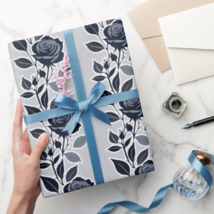 Papel De Presente Rosas Azuis Escuras Com Folhas Prateadas