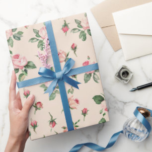 Papel De Presente Rosas Bonitas Floral Rosa Pêssego Creme Chuveiro d