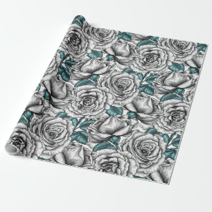 Papel De Presente Rosas brancas com folhas azuis