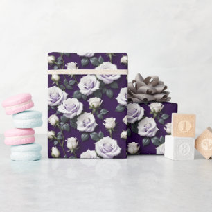 Papel De Presente Rosas Brancas de Alto Contraste em um Roxo Real Pr
