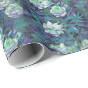 Papel De Presente Rosas brancas, Folhas Azuis, Padrão Floral Vintag