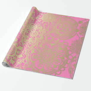Papel De Presente Rosas claro e Padrão Dourado de Mandala