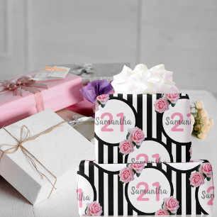 Papel De Presente Rosas cor-de-rosa-aniversário de 21 anos preto lis